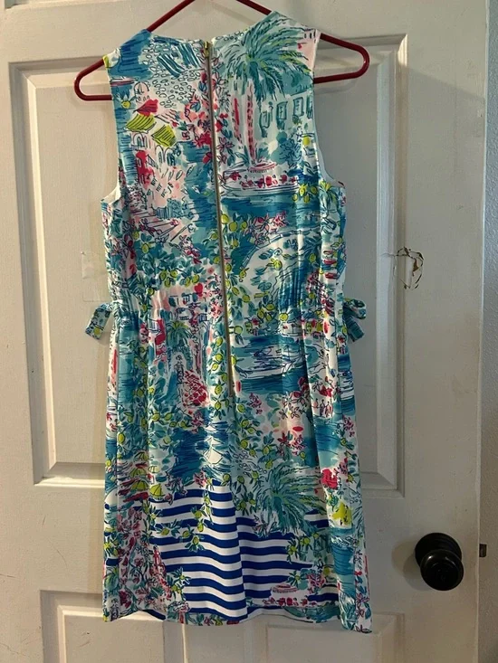Sleeveless Tropical Print Dress in Blue, White & Pink - Picture 2 of 2